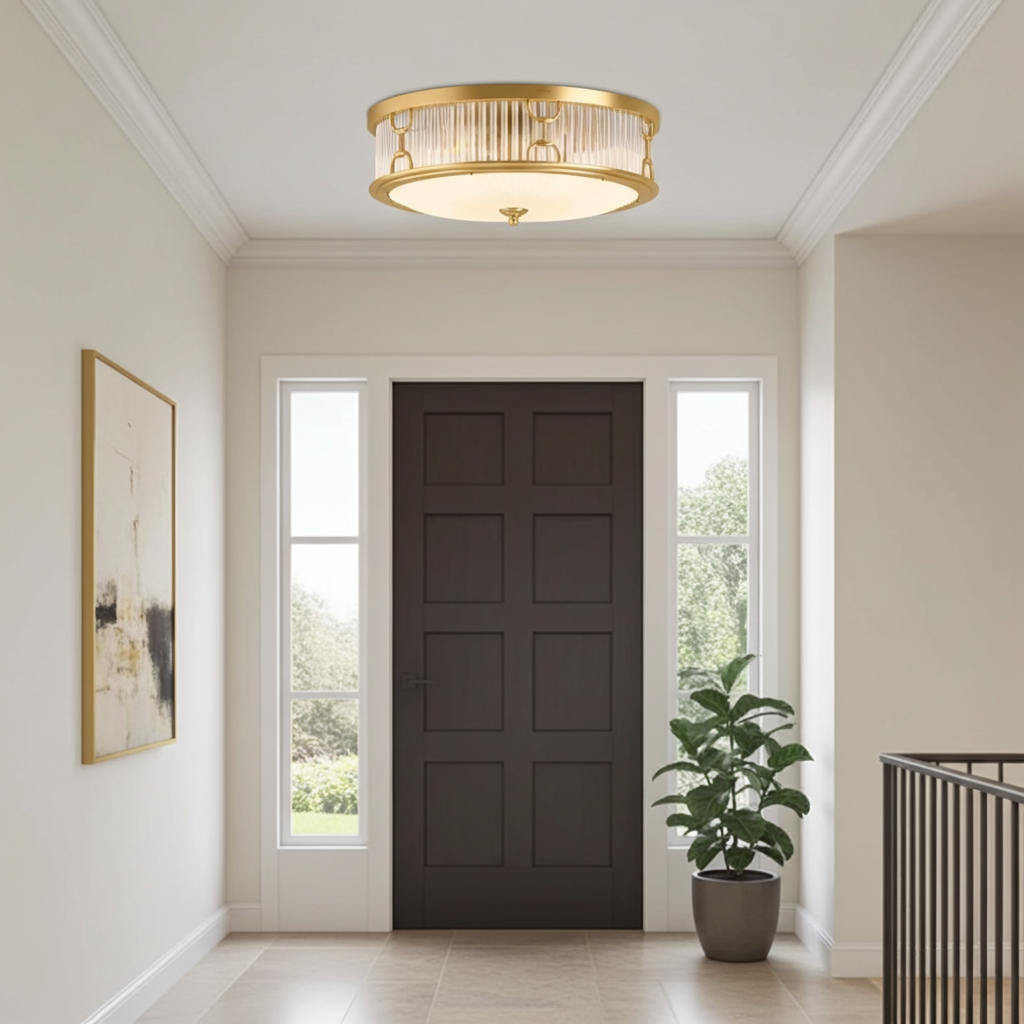 Foyer with a dark wooden door, ceiling light fixture, and potted plant.